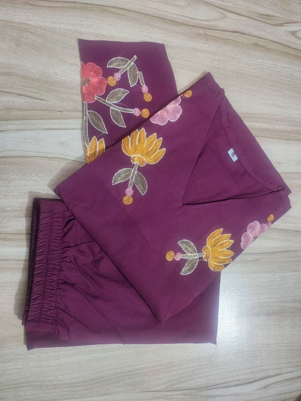 Purple Cotton Embroidered Kurta Pant Set